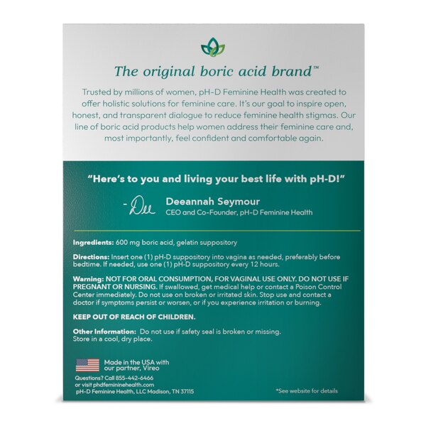 pH-D Feminine Health Boric Acid Vaginal Suppositories for Vaginal Odor, 24 CT