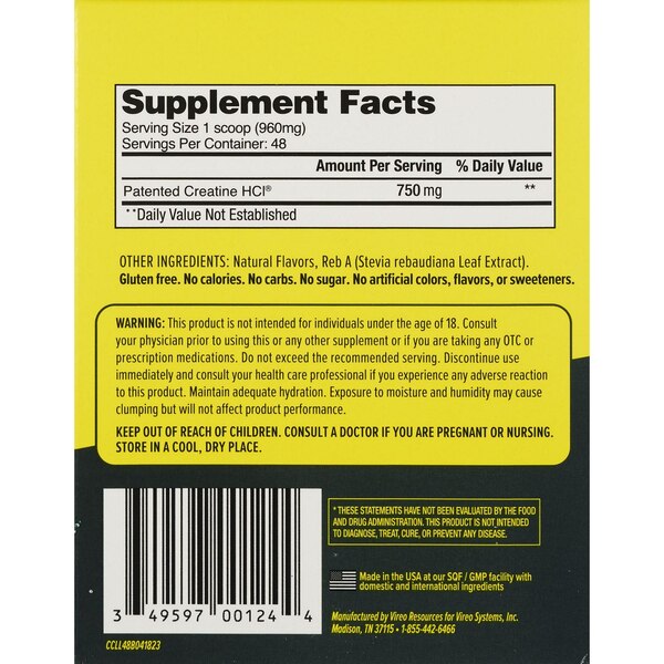 CON-CRET Patented Creatine HCI Lemon-Lime Powder, 1.62 OZ