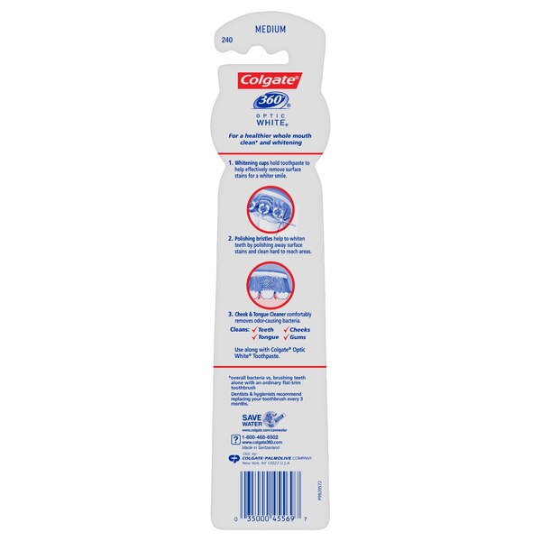 Colgate 360 Optic White Whitening Toothbrush, Medium, 2 CT