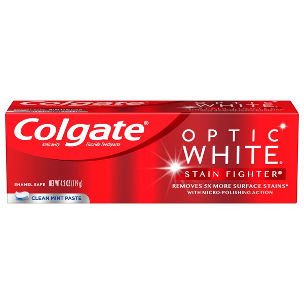 Colgate Optic White Stain Fighter Whitening Toothpaste, Clean Mint, 4.2 OZ
