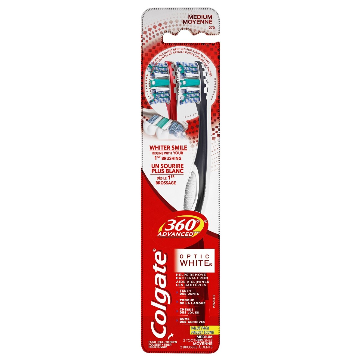 Colgate 360 Advanced Optic White - Cepillo dental, medio, 2 u.