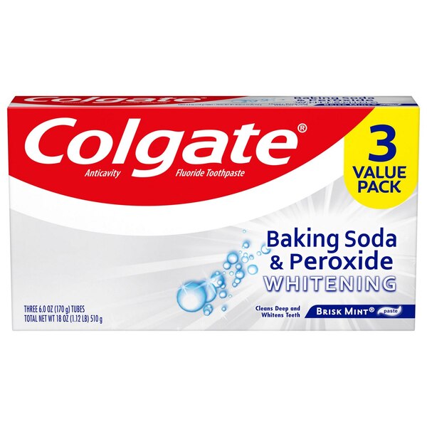 Colgate Baking Soda and Peroxide Whitening Toothpaste, Brisk Mint, 6 OZ, 3 Pack