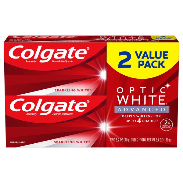 Colgate Optic White Advanced Teeth Whitening Toothpaste, Sparkling White, 3.2 OZ, 2 Pack