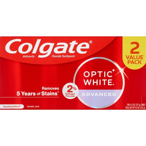 Colgate Optic White Advanced Teeth Whitening Toothpaste, Sparkling White, 4.5 OZ, 2 Pack