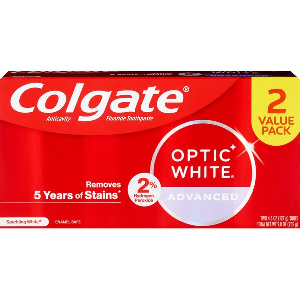 Colgate Optic White Advanced Teeth Whitening Toothpaste, Sparkling White, 4.5 OZ, 2 Pack