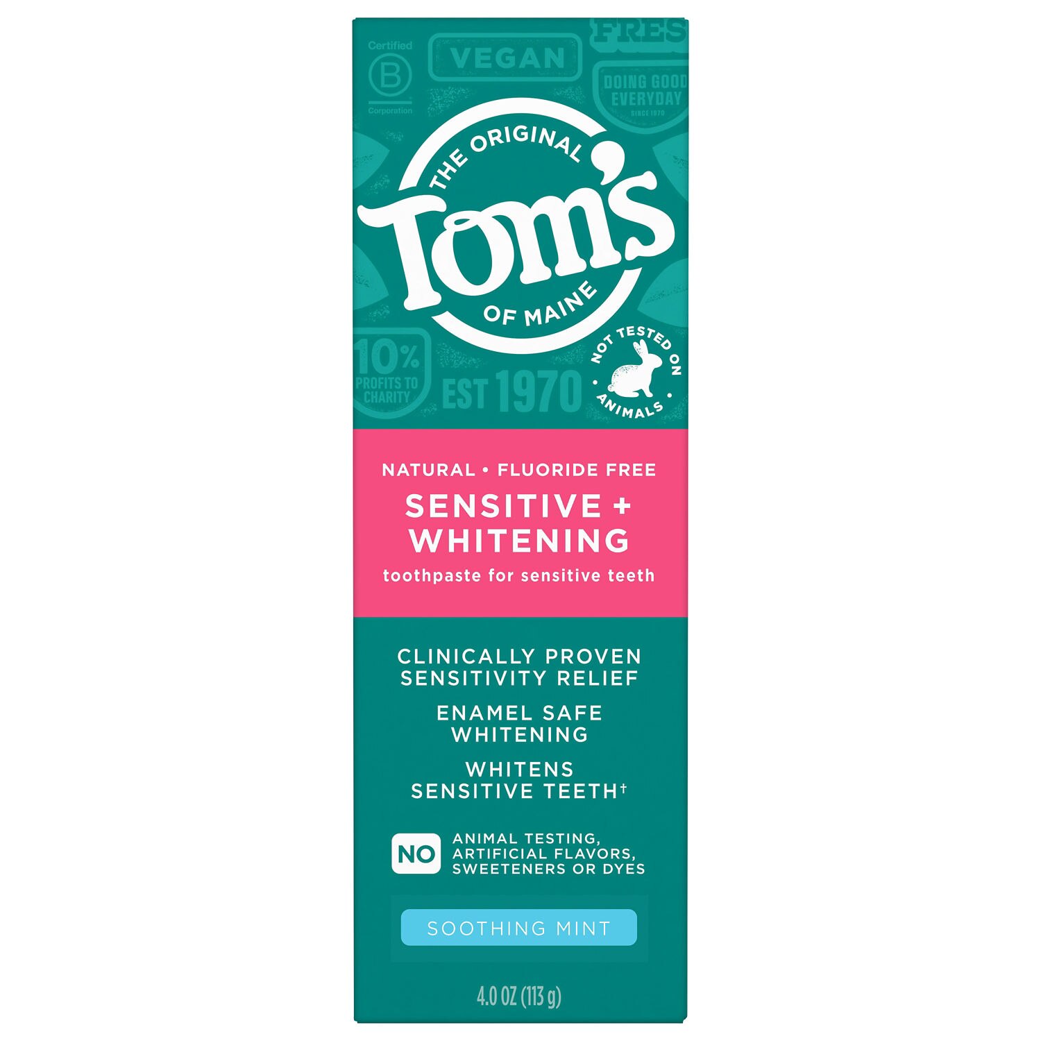 Tom's of Maine Sensitive + Whitening Fluoride Free Toothpaste, Soothing Mint, 4 OZ