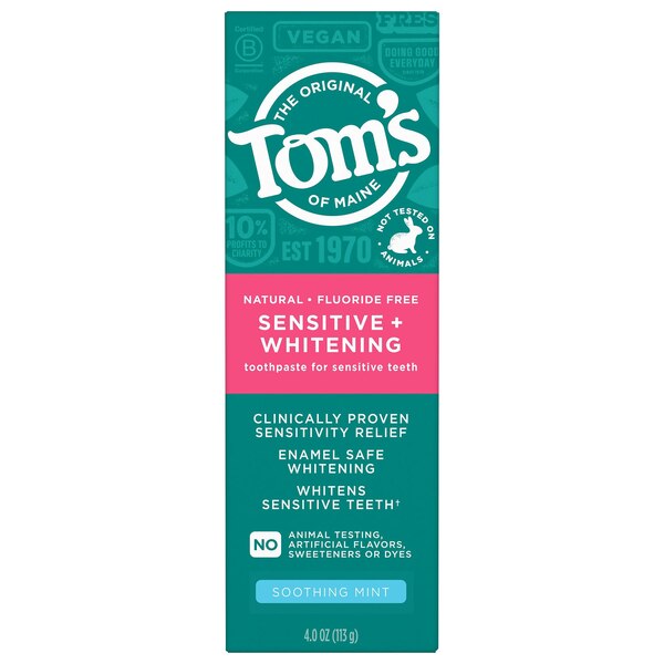 Tom's of Maine Sensitive + Whitening Fluoride Free Toothpaste, Soothing Mint, 4 OZ