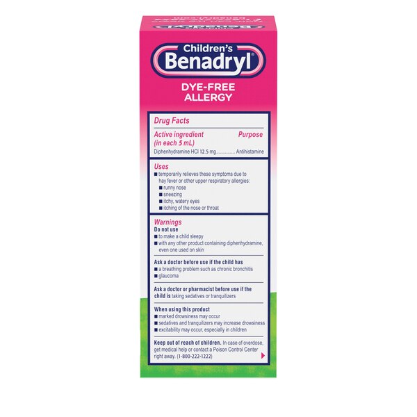 Children's Benadryl Dye-Free Allergy Liquid, 12.5mg Diphenhydramine HCl, Bubble Gum, 4 FL OZ