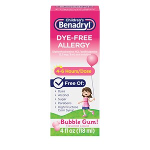 Children's Benadryl Dye-Free Allergy Liquid, 12.5mg Diphenhydramine HCl, Bubble Gum, 4 FL OZ
