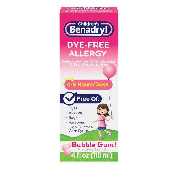 Children's Benadryl Dye-Free Allergy Liquid, 12.5mg Diphenhydramine HCl, Bubble Gum, 4 FL OZ