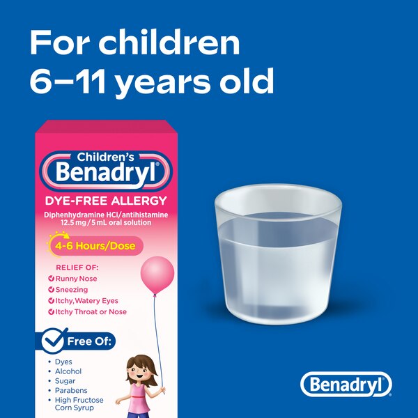 Children's Benadryl Dye-Free Allergy Liquid, 12.5mg Diphenhydramine HCl, Bubble Gum, 4 FL OZ