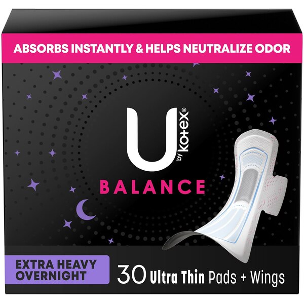U by Kotex Balance Pads, Extra Heavy Overnight, 30 CT