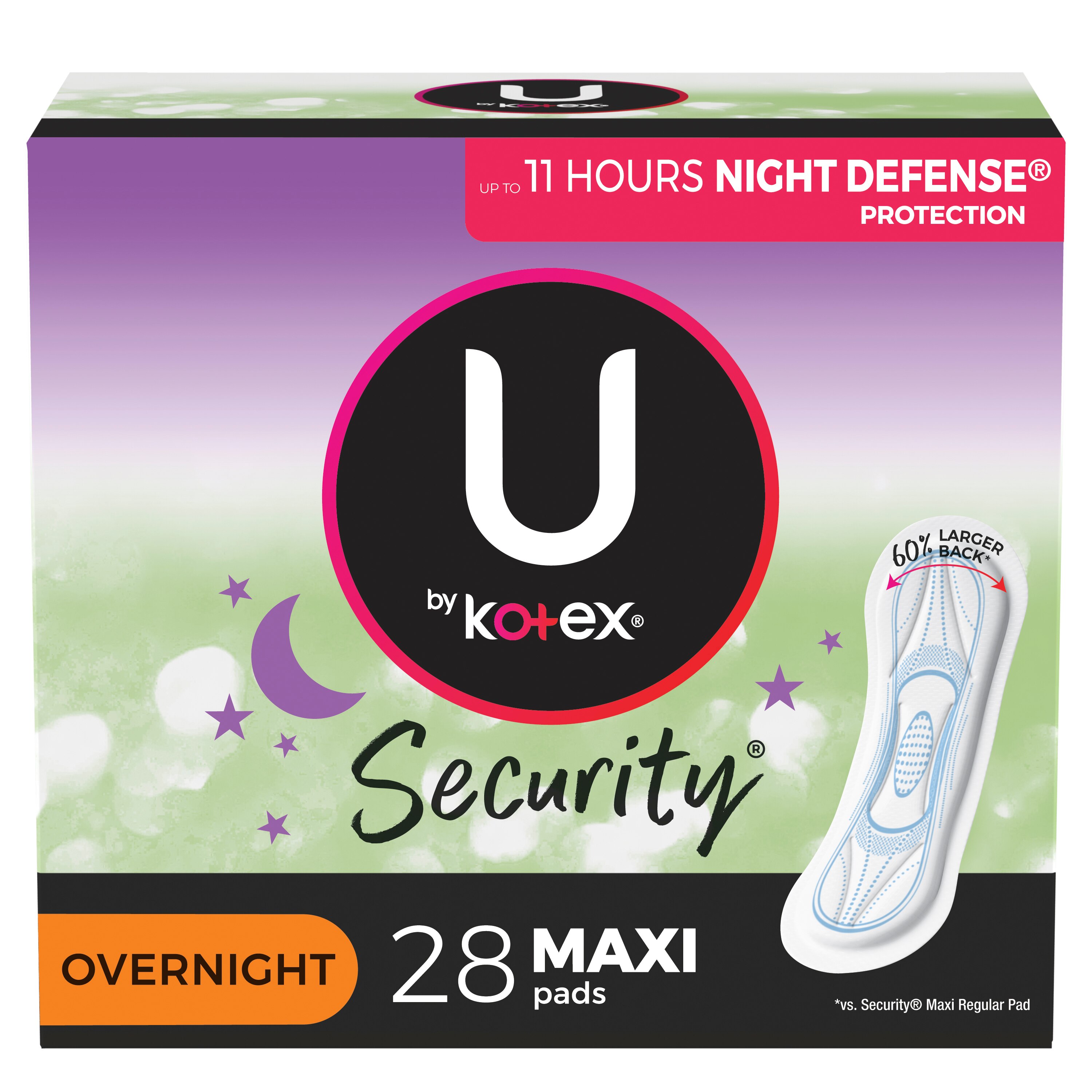 U by Kotex Security - Toallitas femeninas Maxi, nocturnas, sin perfume, 28 u.