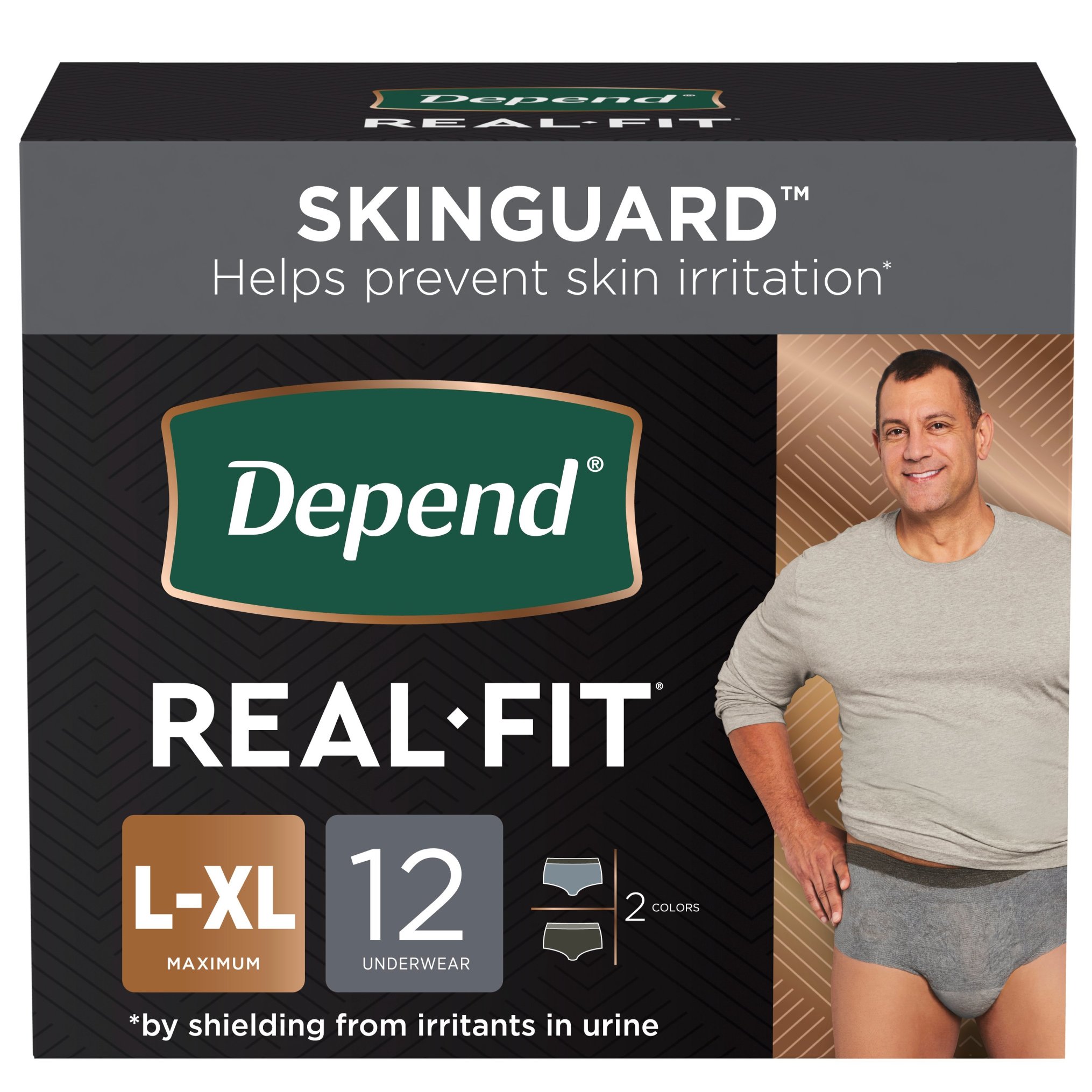 Depend Real Fit Incontinence Underwear for Men Maximum Absorbency Black & Grey
