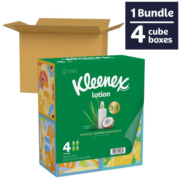 Kleenex Soothing Lotion Facial Tissue, Assorted Designs, 4 Cubes