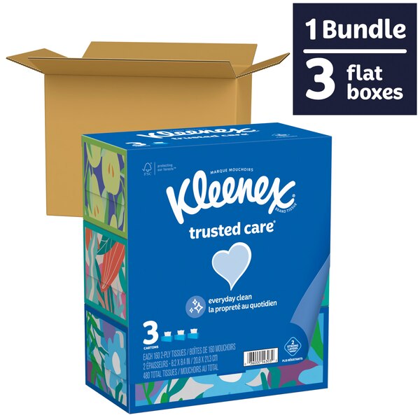 Kleenex Trusted Care Everyday Clean Facial Tissues, 3 Boxes (480 total tissues)