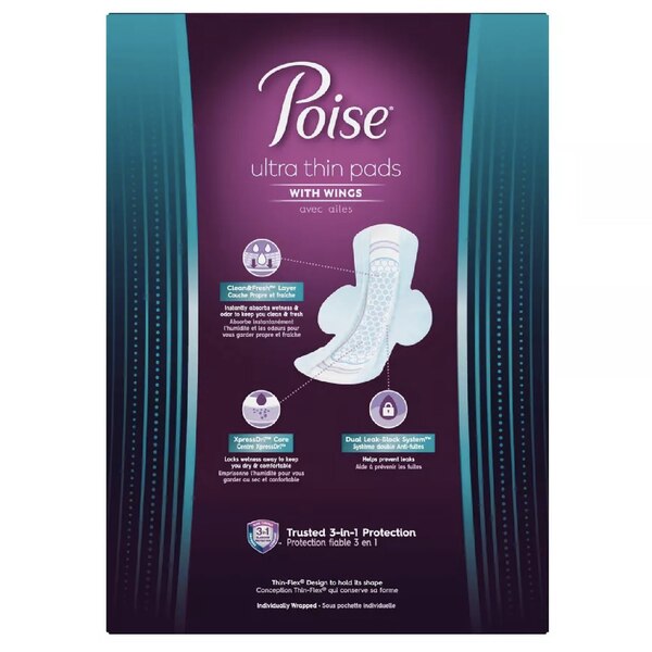 Poise Ultra Thin Incontinence Pads for Women with Wings Postpartum Pads for Bladder Leaks, Light Absorbency, 66 CT