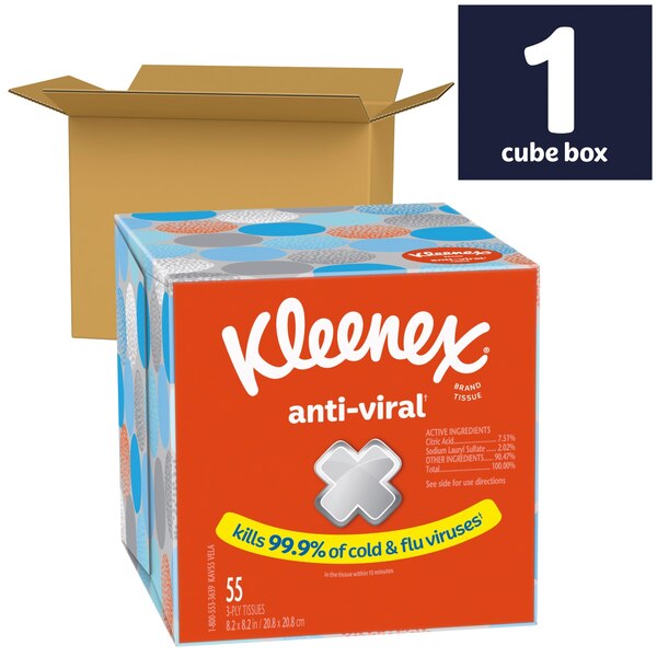 Kleenex Anti-Viral Facial Tissues, Classroom or Office Tissue, 1 Cube Box, 55 Tissues per Box, 3-Ply (55 Total Tissues)