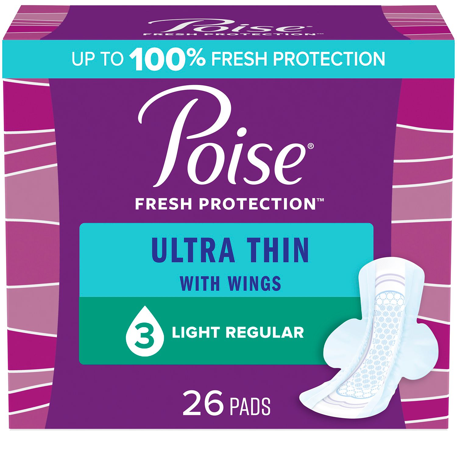 Poise Ultra Thin Pads with Wings, Light Regular, 26 CT