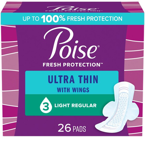 Poise Ultra Thin Pads with Wings, Light Regular, 26 CT