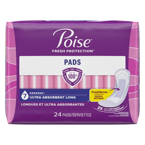 Poise Ultra Absorbent Long Pads, 24 CT