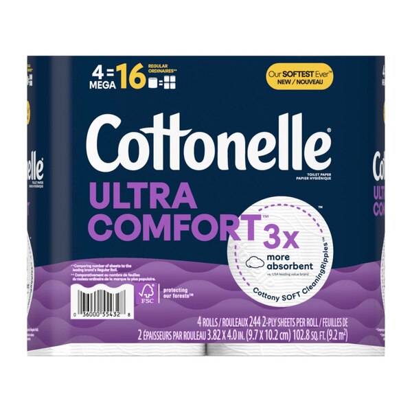 Cottonelle Ultra Comfort Toilet Paper, Strong Toilet Tissue, 4 Mega Rolls