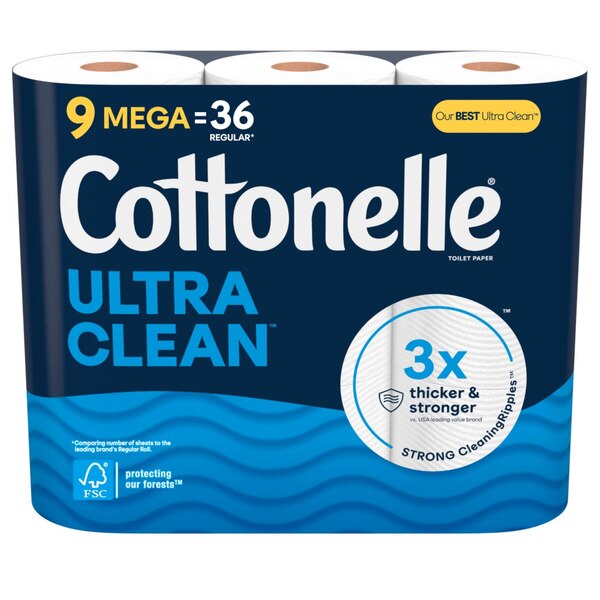 Cottonelle Ultra Clean Toilet Paper, 9 Mega Rolls