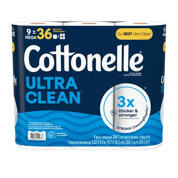 Cottonelle Ultra Clean Toilet Paper, 9 Mega Rolls
