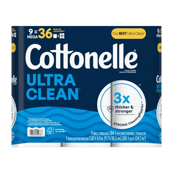 Cottonelle Ultra Clean Toilet Paper, 9 Mega Rolls