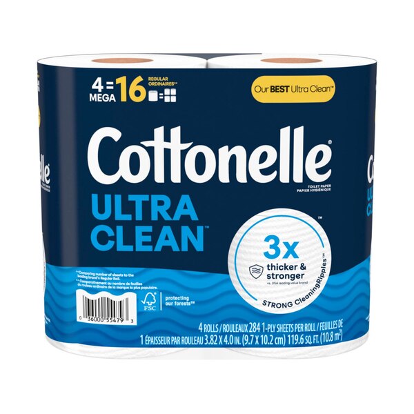 Cottonelle Ultra Clean Toilet Paper, Strong Toilet Tissue, 4 Mega Rolls