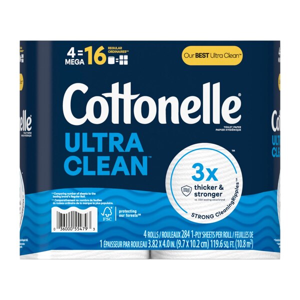 Cottonelle Ultra Clean Toilet Paper, Strong Toilet Tissue, 4 Mega Rolls