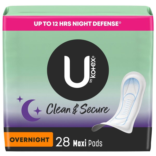 U by Kotex Security Overnight Maxi Pads, Regular Length, Unscented, 28CT