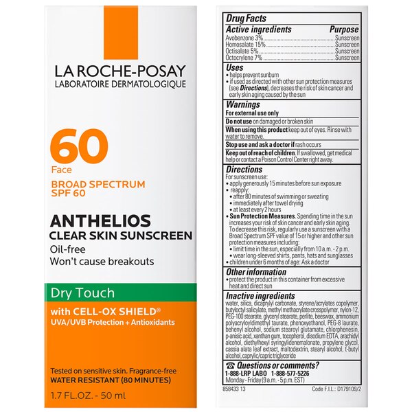 La Roche-Posay Anthelios Clear Skin Face Sunscreen, Dry Touch SPF 60, 1.7 OZ