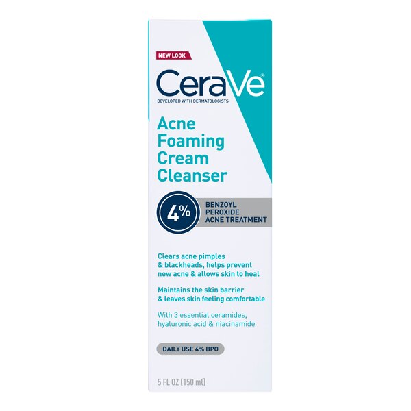 CeraVe Acne Foaming Cream Face Cleanser with 4% Benzoyl Peroxide, Hyaluronic Acid, and Niacinamide, Fragrance-Free, 5 OZ