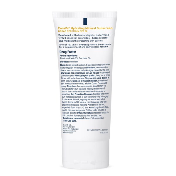 CeraVe Hydrating Sunscreen Lotion, Mineral Face Sunscreen, 2.5 OZ