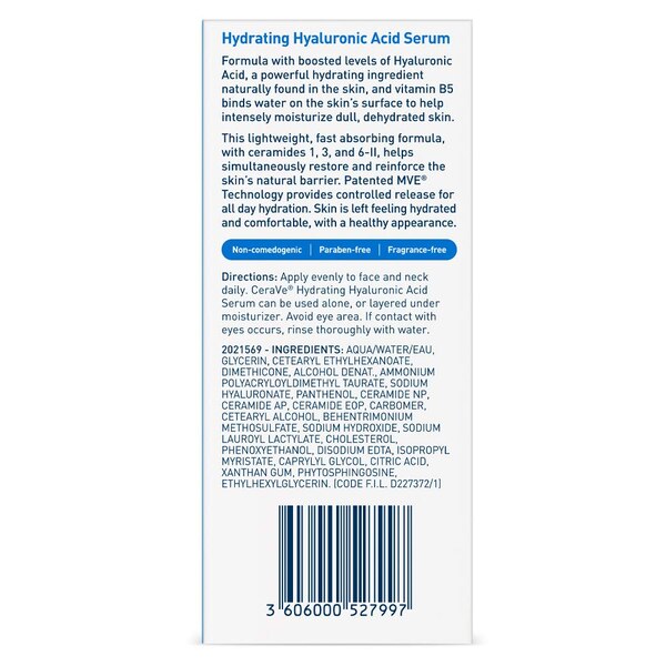 CeraVe - Suero facial hidratante con ácido hialurónico para piel normal a seca, 1 oz
