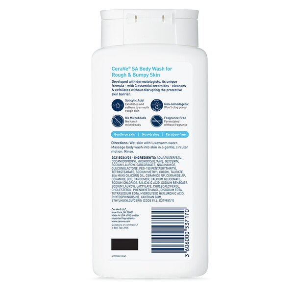 CeraVe SA Body Wash, Gentle Exfoliating Cleanser With Salicylic Acid For Rough And Bumpy Skin, 10 OZ