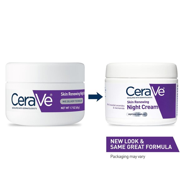 CeraVe Skin Renewing Nighttime Face Cream; Normal to Dry Skin with Niacinamide, Peptides & Hyaluronic Acid, 1.7 OZ