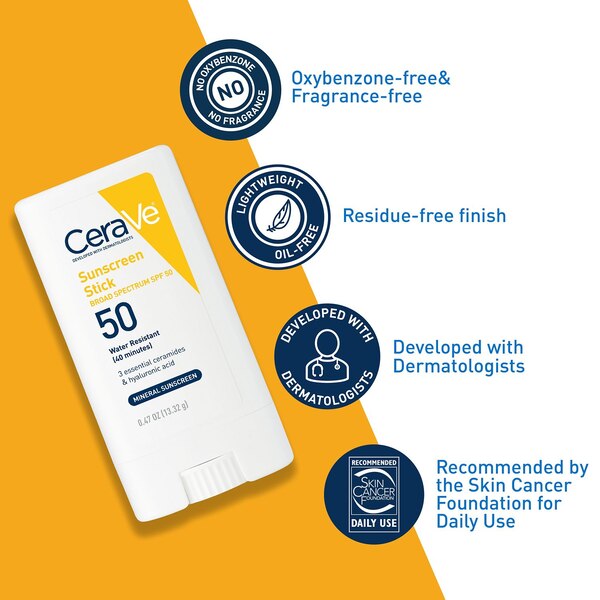 CeraVe Sunscreen Stick, SPF 50, Lightweight and Oil-Free, 0.47 OZ
