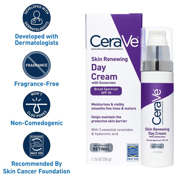 CeraVe - Crema diurna con retinol para revitalizar la piel con loción de protección solar FPS 30, 1.7 oz