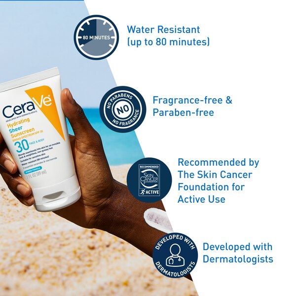 CeraVe Hydrating Sheer Sunscreen SPF 30 for Face and Body, Mineral & Chemical Sunscreen with Hyaluronic Acid, Niacinamides and Zinc Oxide, 3 oz