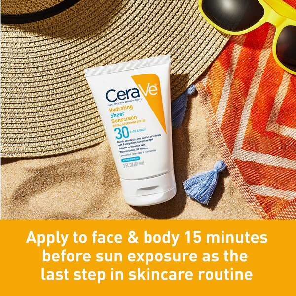 CeraVe Hydrating Sheer Sunscreen SPF 30 for Face and Body, Mineral & Chemical Sunscreen with Hyaluronic Acid, Niacinamides and Zinc Oxide, 3 oz