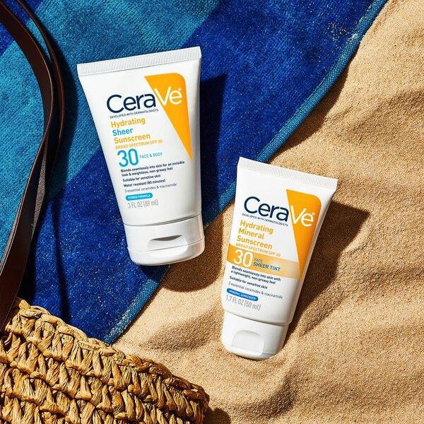CeraVe Hydrating Sheer Sunscreen SPF 30 for Face and Body, Mineral & Chemical Sunscreen with Hyaluronic Acid, Niacinamides and Zinc Oxide, 3 oz