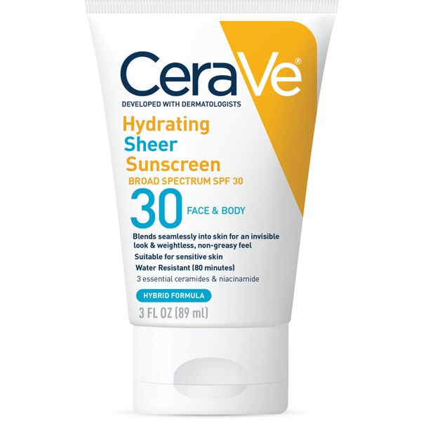 CeraVe Hydrating Sheer Sunscreen SPF 30 for Face and Body, Mineral & Chemical Sunscreen with Hyaluronic Acid, Niacinamides and Zinc Oxide, 3 oz