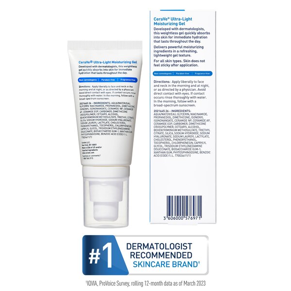 CeraVe Ultra-Light Moisturizing Facial Gel with Niacinamide and Hyaluronic Acid for All Skin Types, 1.75 oz