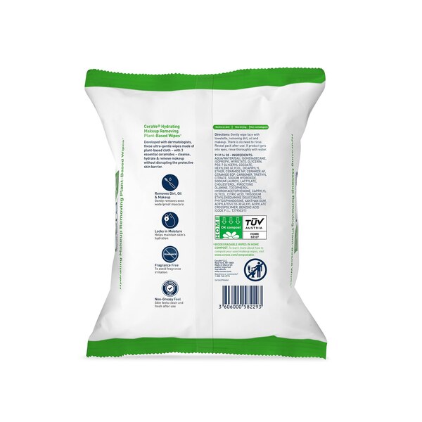 CeraVe Hydrating Makeup Removing Plant-Based Wipes with Ceramides and Glycerin, 25CT
