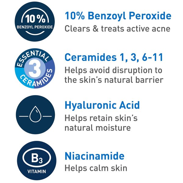 CeraVe Acne Foaming Cream Wash with 10% Benzoyl Peroxide for Face and Body , 5 oz
