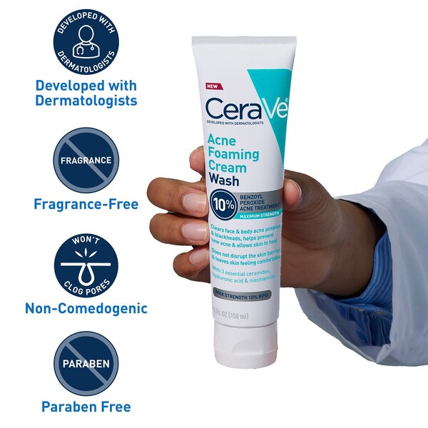 CeraVe Acne Foaming Cream Wash with 10% Benzoyl Peroxide for Face and Body , 5 oz