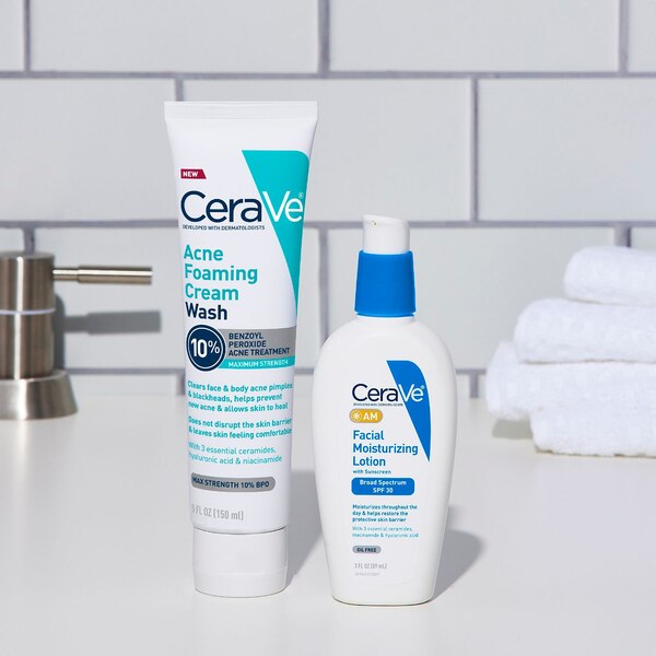 CeraVe Acne Foaming Cream Wash with 10% Benzoyl Peroxide for Face and Body , 5 oz