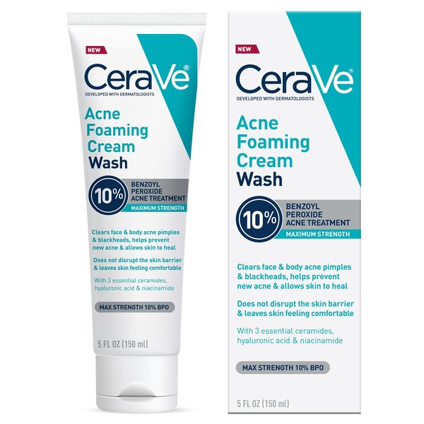 CeraVe Acne Foaming Cream Wash with 10% Benzoyl Peroxide for Face and Body , 5 oz